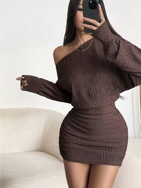 Source Unknown One-Shoulder Brown Ruched Bodycon Dress
